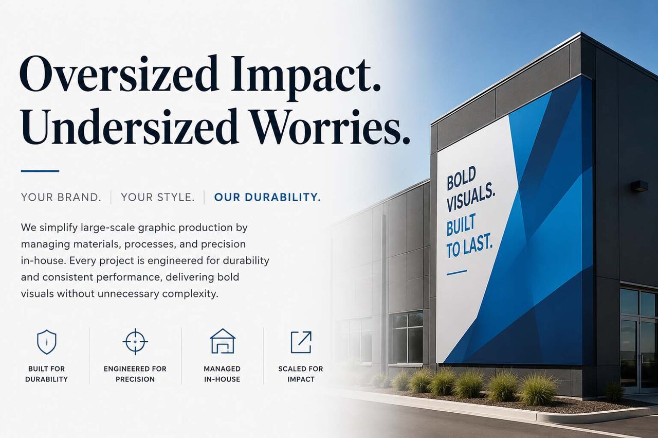 Oversized Impact, Undersized Worries brand message with bold exterior building graphic