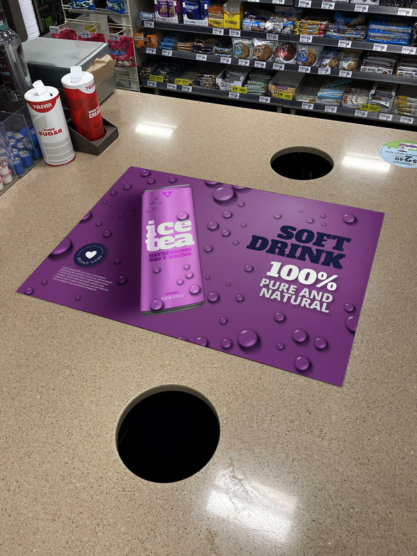 Point-of-purchase graphics displayed on a finished retail print sample